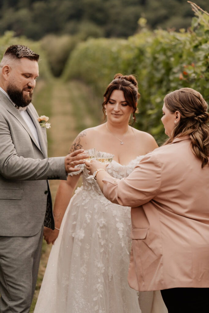 Braut und Bräutigam stoßen mit ihrem Trauredner und der Hochzeitsplanerin bei einer charmanten Weinberg-Hochzeit im Freien an.